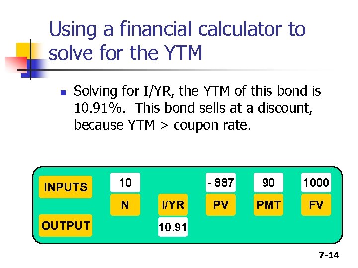 Using a financial calculator to solve for the YTM n Solving for I/YR, the
