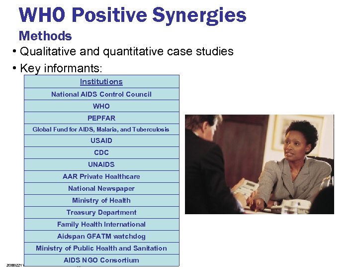 WHO Positive Synergies Methods • Qualitative and quantitative case studies • Key informants: Institutions