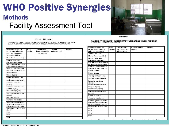 WHO Positive Synergies Methods Facility Assessment Tool 20080221 Wharton GHD – DRAFT 20080221. ppt