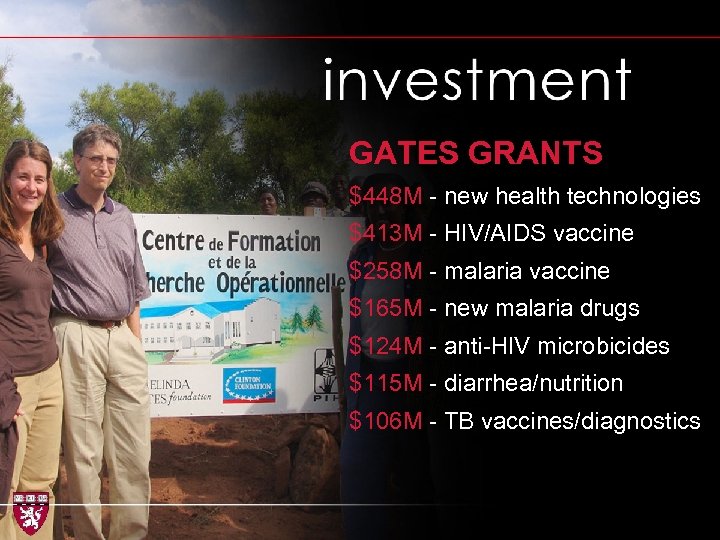 Gates grants GATES GRANTS $448 M - new health technologies $413 M - HIV/AIDS