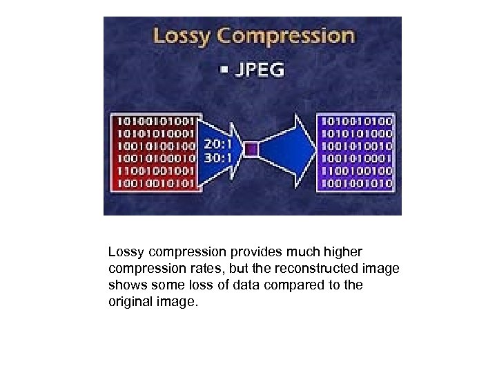  Lossy compression provides much higher compression rates, but the reconstructed image shows some