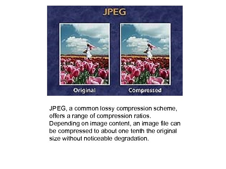  JPEG, a common lossy compression scheme, offers a range of compression ratios. Depending