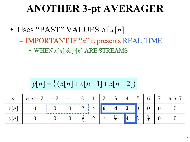 ANOTHER 3 -pt AVERAGER • Uses “PAST” VALUES of x[n] – IMPORTANT IF “n”