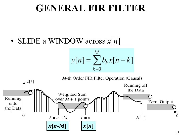 GENERAL FIR FILTER • SLIDE a WINDOW across x[n] x[n-M] x[n] 19 