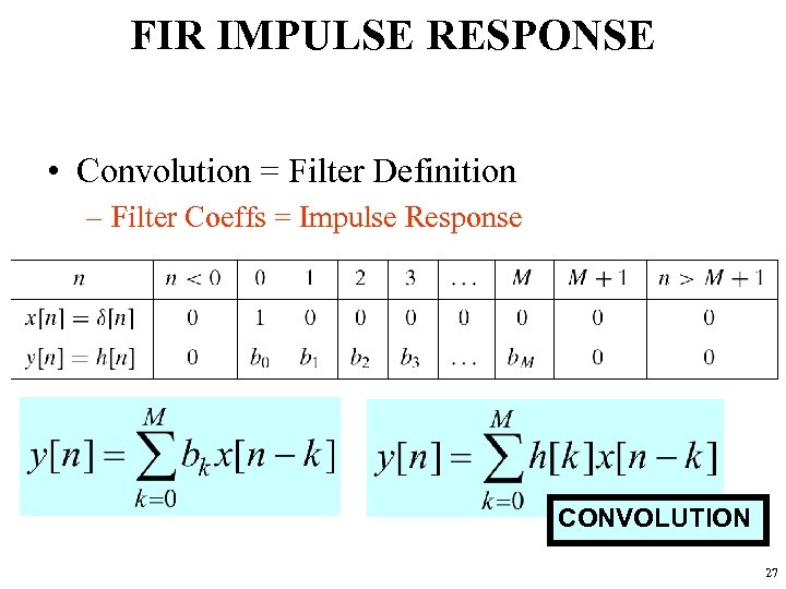 FIR IMPULSE RESPONSE • Convolution = Filter Definition – Filter Coeffs = Impulse Response