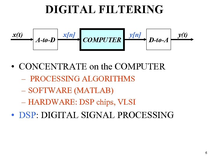 DIGITAL FILTERING x(t) A-to-D x[n] COMPUTER y[n] D-to-A y(t) • CONCENTRATE on the COMPUTER