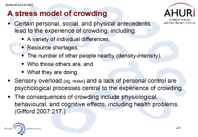 [optional part of talk] A stress model of crowding § Certain personal, social, and