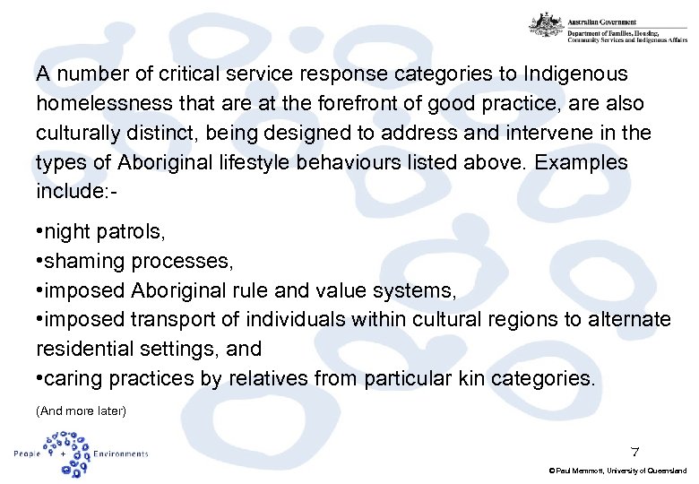 A number of critical service response categories to Indigenous homelessness that are at the