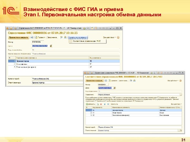 Взаимодействие с ФИС ГИА и приема Этап I. Первоначальная настройка обмена данными 31 