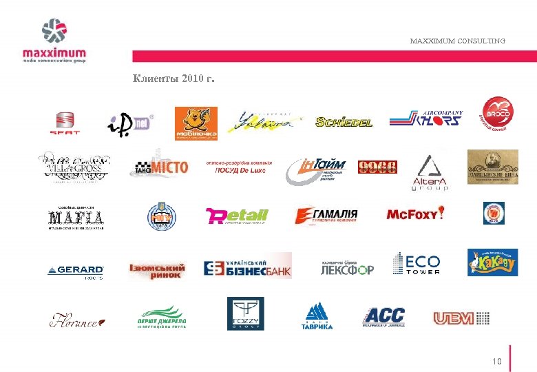 MAXXIMUM CONSULTING Клиенты 2010 г. 10 