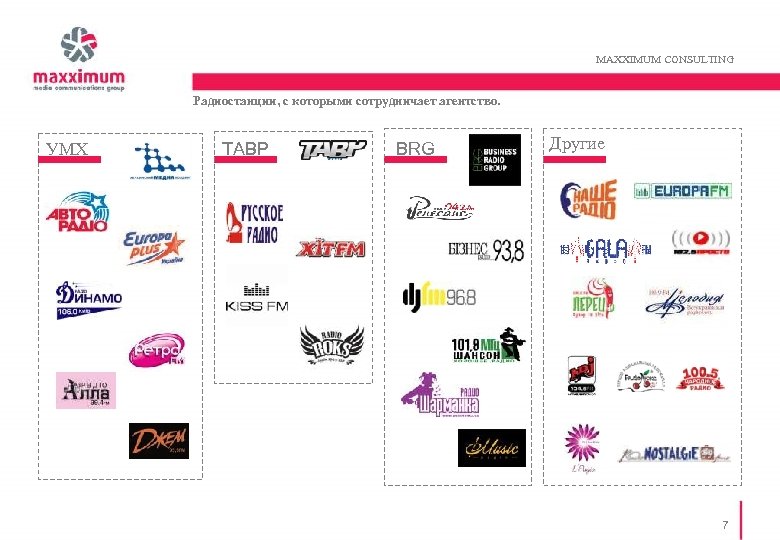 MAXXIMUM CONSULTING Радиостанции, с которыми сотрудничает агентство. УМХ ТАВР BRG Другие 7 