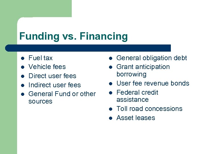 Funding vs. Financing l l l Fuel tax Vehicle fees Direct user fees Indirect