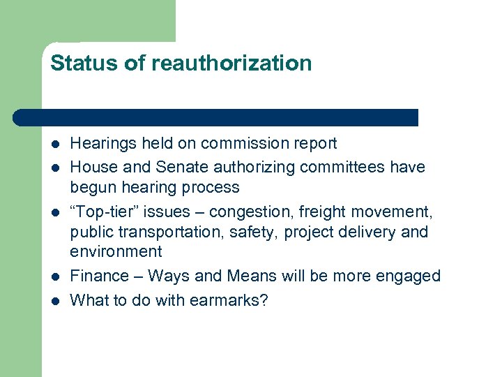 Status of reauthorization l l l Hearings held on commission report House and Senate