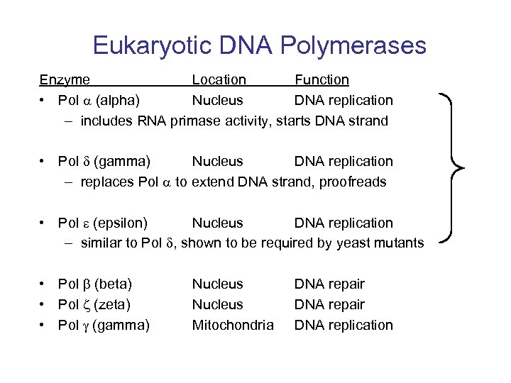 Eukaryotic DNA Polymerases Enzyme Location Function • Pol (alpha) Nucleus DNA replication – includes
