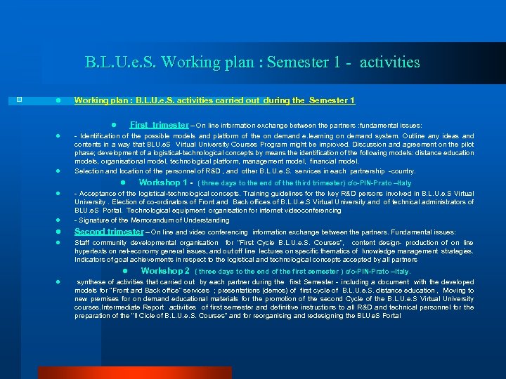 B. L. U. e. S. Working plan : Semester 1 - activities l l