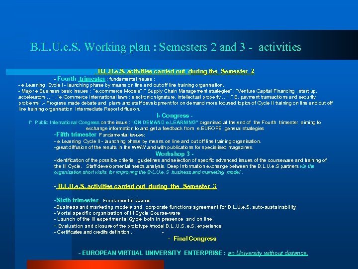 B. L. U. e. S. Working plan : Semesters 2 and 3 - activities