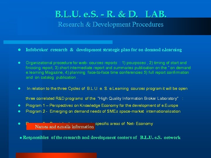 B. L. U. e. S. - R. & D. LAB. Research & Development Procedures