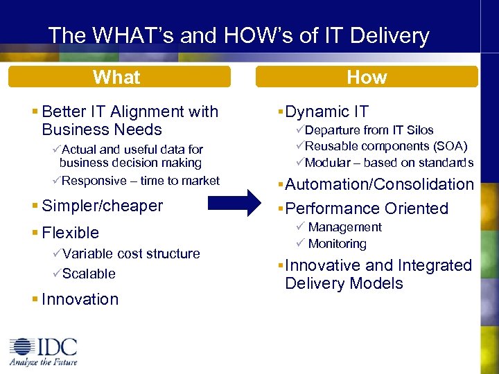 The WHAT’s and HOW’s of IT Delivery What § Better IT Alignment with Business