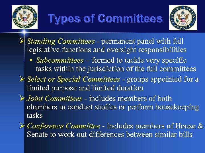 Types of Committees Ø Standing Committees - permanent panel with full legislative functions and