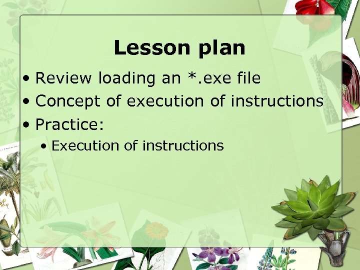 Lesson plan • Review loading an *. exe file • Concept of execution of
