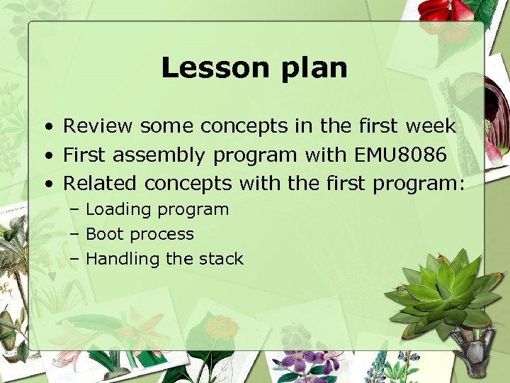 Lesson plan • Review some concepts in the first week • First assembly program