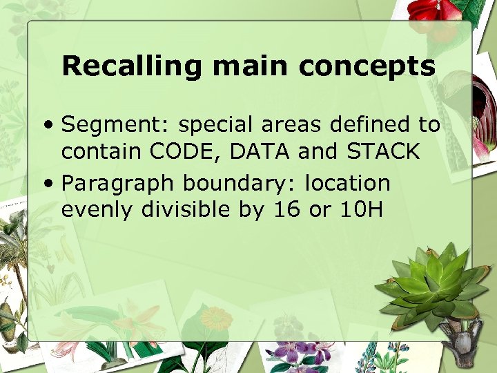Recalling main concepts • Segment: special areas defined to contain CODE, DATA and STACK