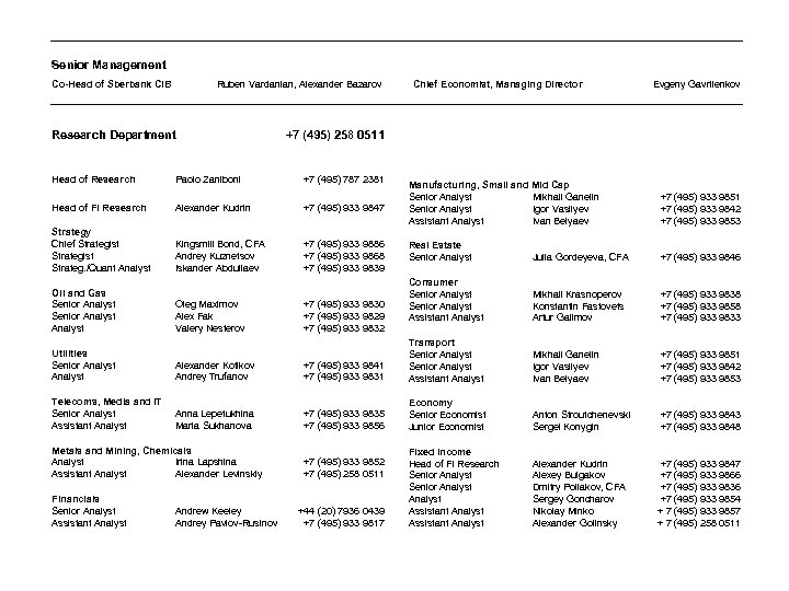 Senior Management Co-Head of Sberbank CIB Ruben Vardanian, Alexander Bazarov Research Department Paolo Zaniboni