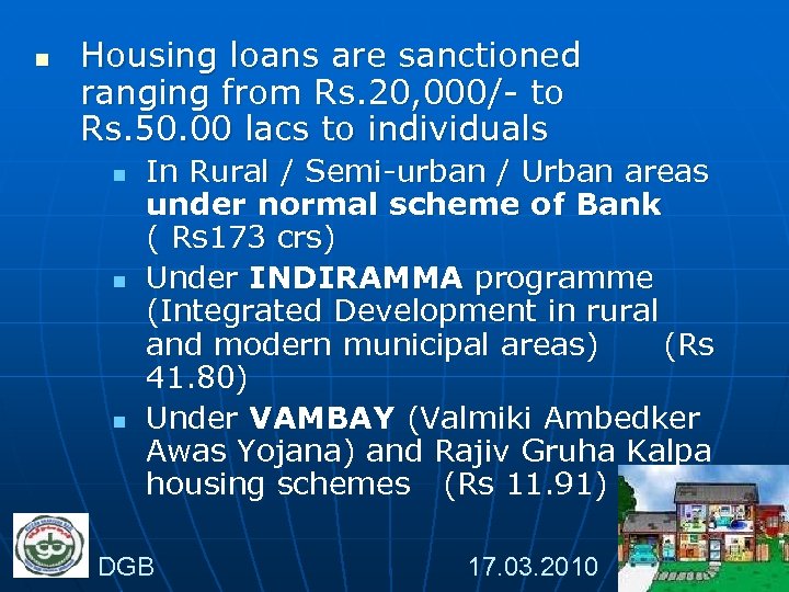 n Housing loans are sanctioned ranging from Rs. 20, 000/- to Rs. 50. 00