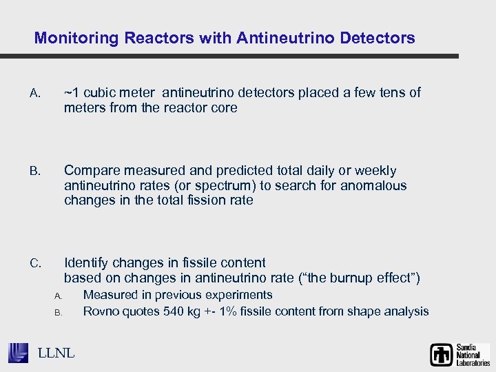 Monitoring Reactors with Antineutrino Detectors A. ~1 cubic meter antineutrino detectors placed a few