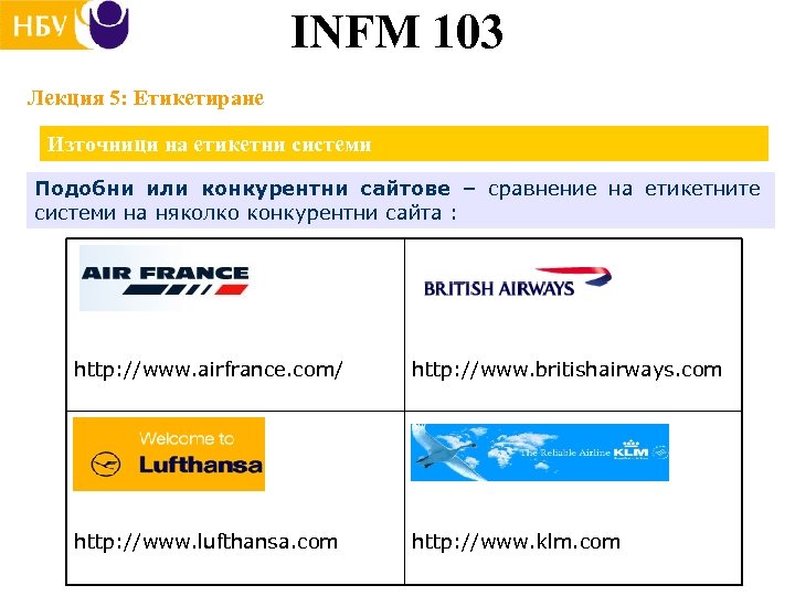 INFM 103 Лекция 5: Етикетиране Източници на етикетни системи Подобни или конкурентни сайтове –
