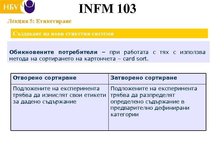 INFM 103 Лекция 5: Етикетиране Създаване на нови етикетни системи Обикновените потребители – при
