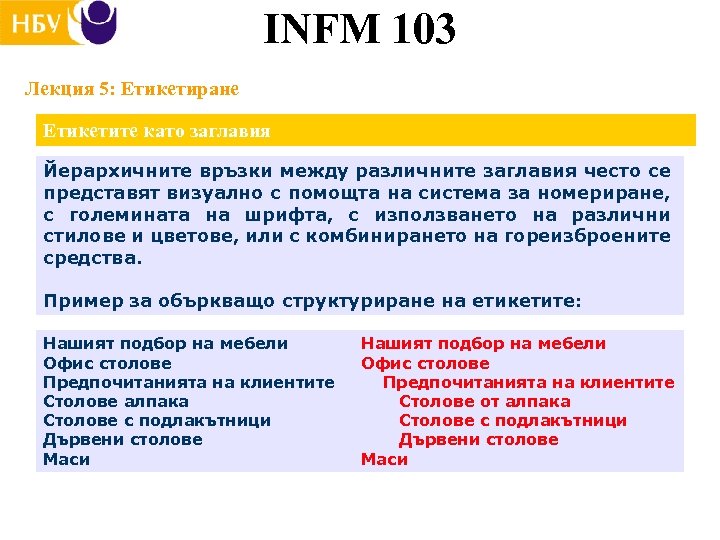 INFM 103 Лекция 5: Етикетиране Етикетите като заглавия Йерархичните връзки между различните заглавия често