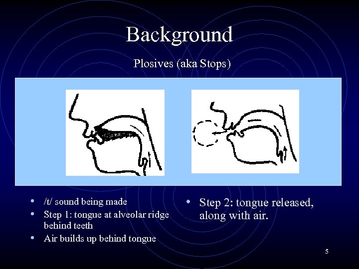 Background Plosives (aka Stops) • /t/ sound being made • Step 1: tongue at