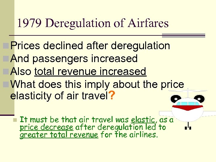 1979 Deregulation of Airfares n Prices declined after deregulation n And passengers increased n