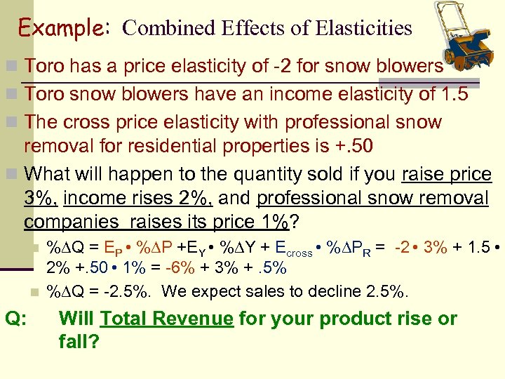 Example: Combined Effects of Elasticities n Toro has a price elasticity of -2 for
