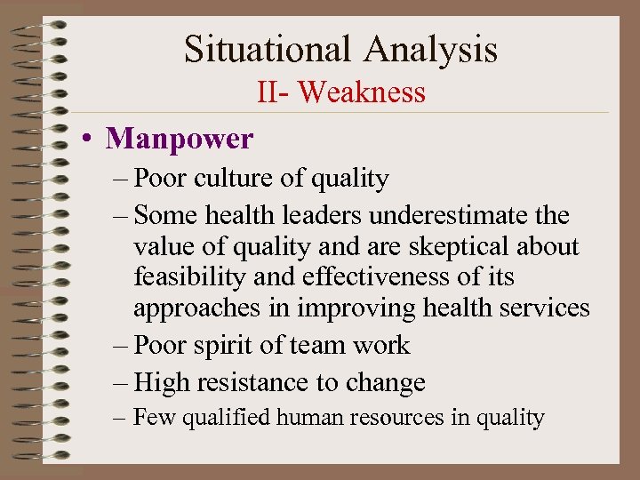 Situational Analysis II- Weakness • Manpower – Poor culture of quality – Some health
