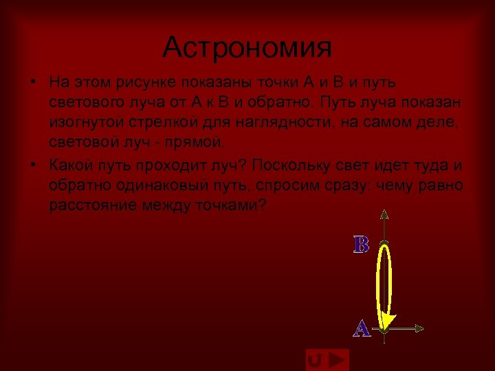Астрономия • На этом рисунке показаны точки A и B и путь светового луча