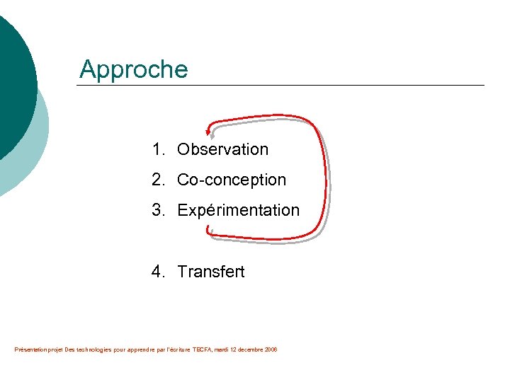 Approche 1. Observation 2. Co-conception 3. Expérimentation 4. Transfert Présentation projet Des technologies pour