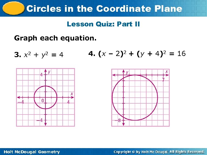 Circles in the Coordinate Plane Lesson Quiz: Part II Graph each equation. 3. x