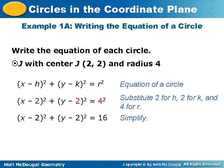 Circles in the Coordinate Plane Example 1 A: Writing the Equation of a Circle