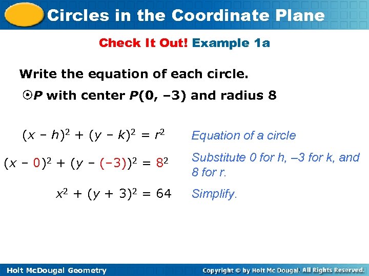 Circles in the Coordinate Plane Check It Out! Example 1 a Write the equation