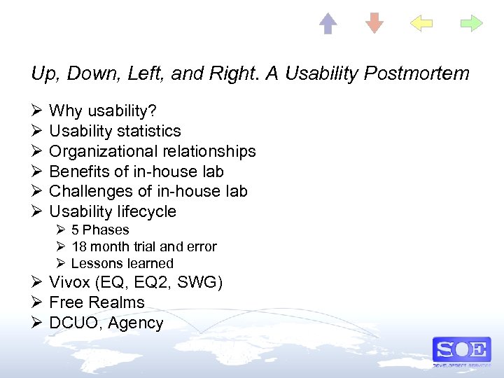 Up, Down, Left, and Right. A Usability Postmortem Ø Ø Ø Why usability? Usability