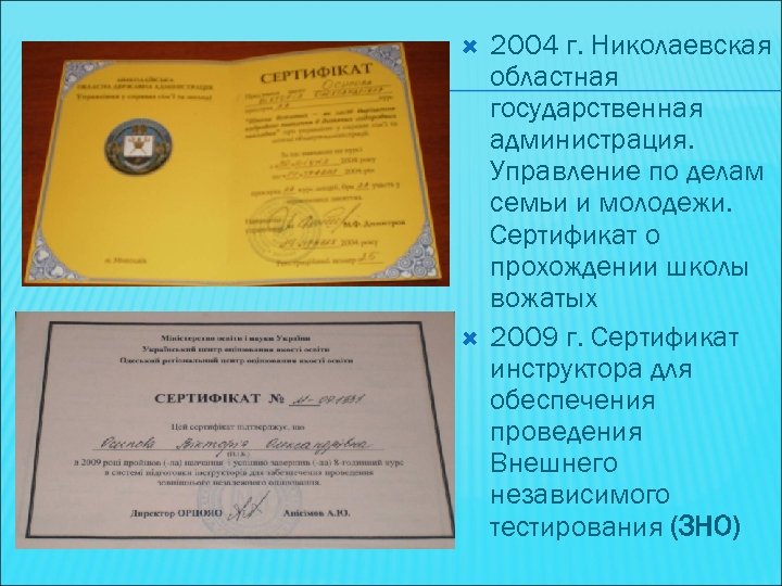  2004 г. Николаевская областная государственная администрация. Управление по делам семьи и молодежи. Сертификат