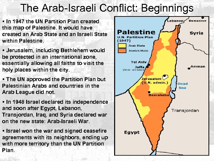 The Arab-Israeli Conflict: Beginnings § In 1947 the UN Partition Plan created this map
