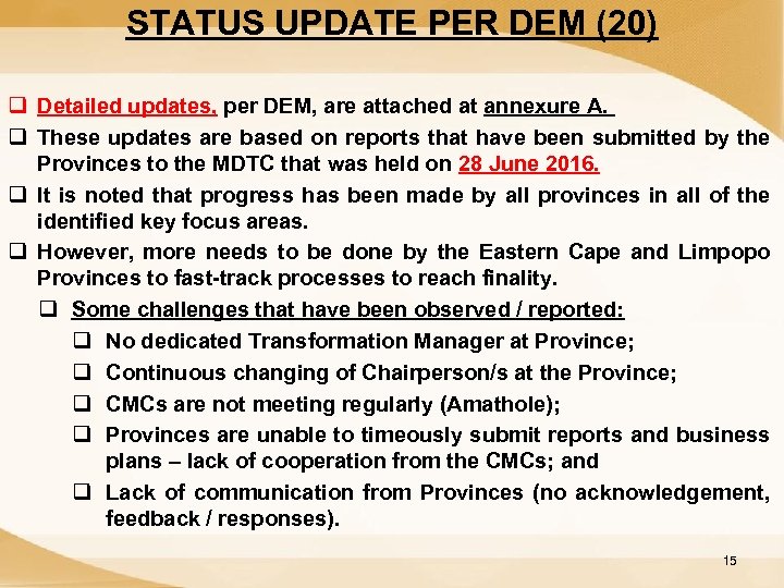STATUS UPDATE PER DEM (20) q Detailed updates, per DEM, are attached at annexure