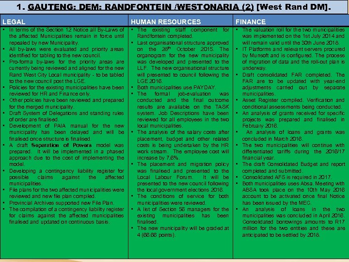 1. GAUTENG: DEM: RANDFONTEIN /WESTONARIA (2) [West Rand DM]. STATUS UPDATE: PER DEM LEGAL