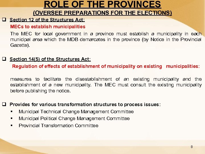 ROLE OF THE PROVINCES (OVERSEE PREPARATIONS FOR THE ELECTIONS) q Section 12 of the