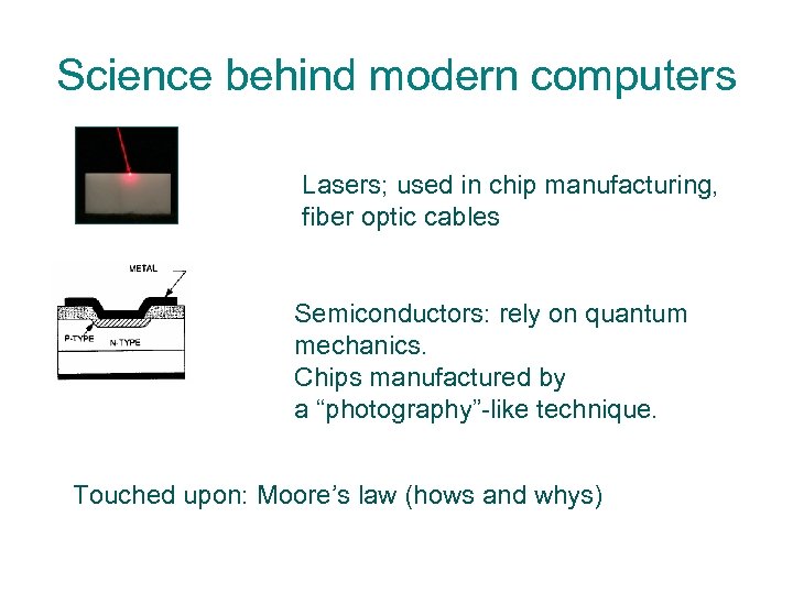 Science behind modern computers Lasers; used in chip manufacturing, fiber optic cables Semiconductors: rely