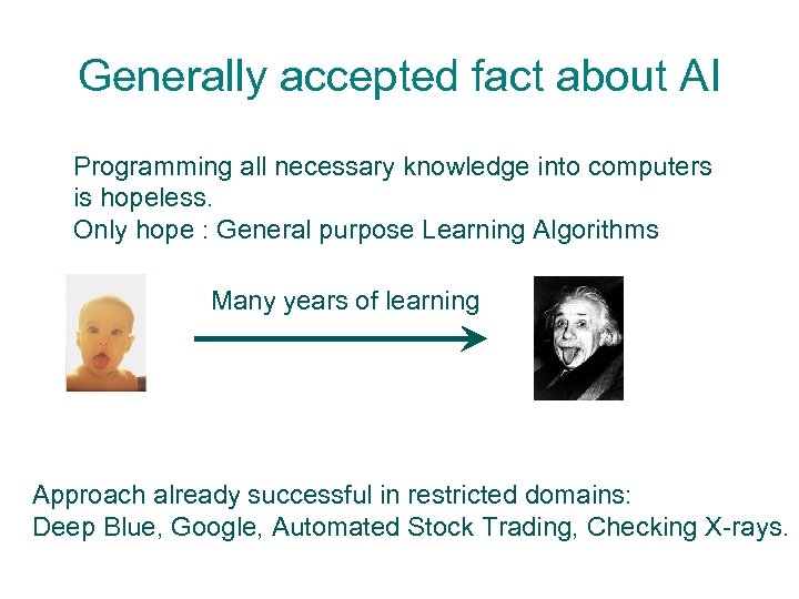 Generally accepted fact about AI Programming all necessary knowledge into computers is hopeless. Only