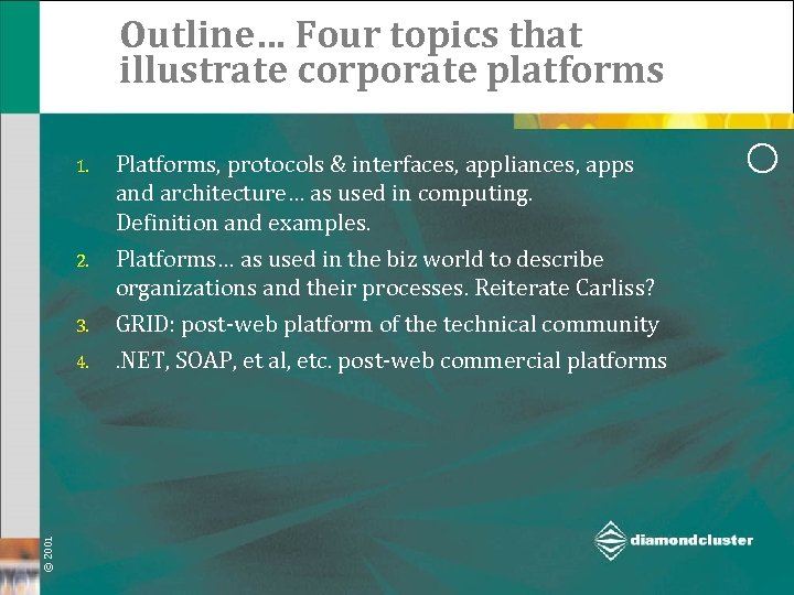 Outline… Four topics that illustrate corporate platforms 1. 2. 3. © 2001 4. Platforms,